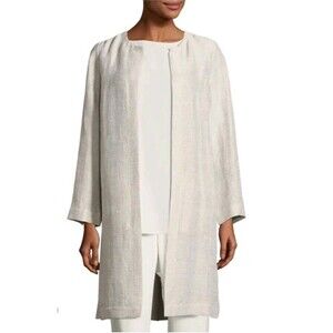 Eileen Fisher Organic Linen Collarless Oatmeal Open Cardigan Jacket Pockets S